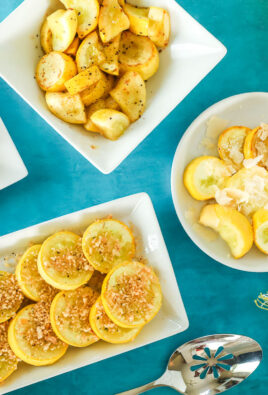 4 plates of yellow Summer squash seasoned with breadcrumbs, salt, seasoning, and parmesan cheese