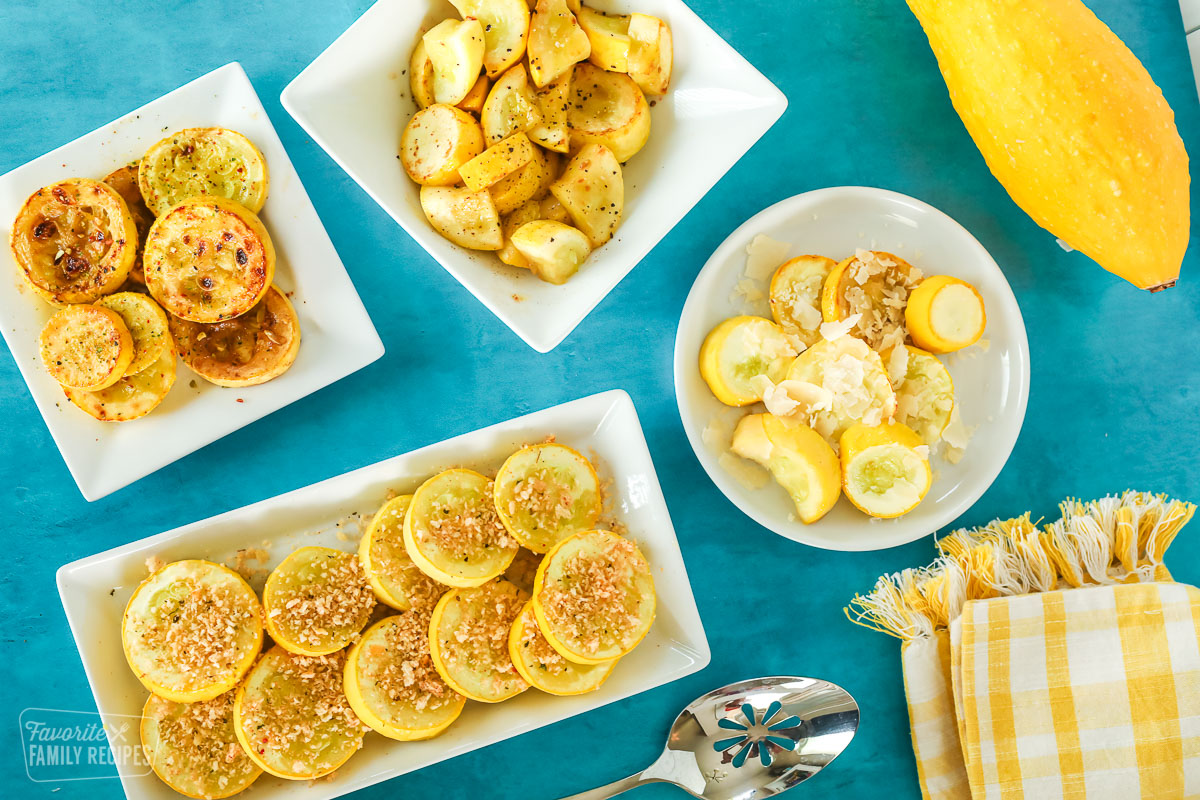 4 plates of yellow Summer squash seasoned with breadcrumbs, salt, seasoning, and parmesan cheese.
