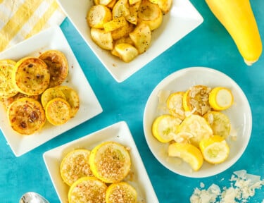 Yellow Summer squash cooked four different ways and on separate plates