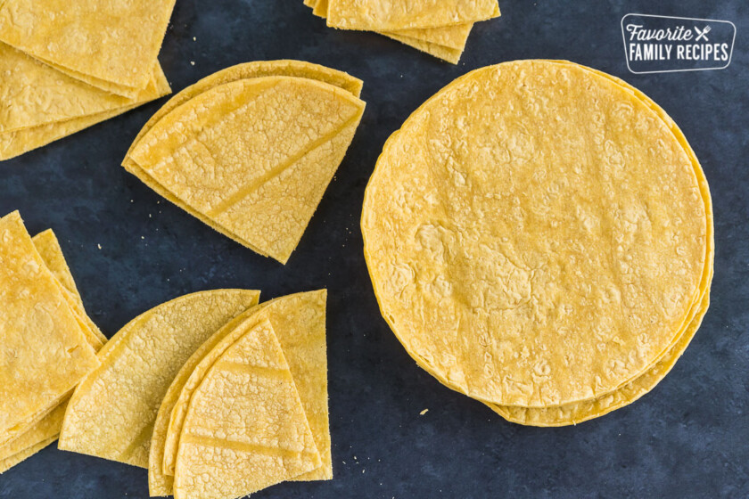 Corn tortillas cut into triangles for chips.
