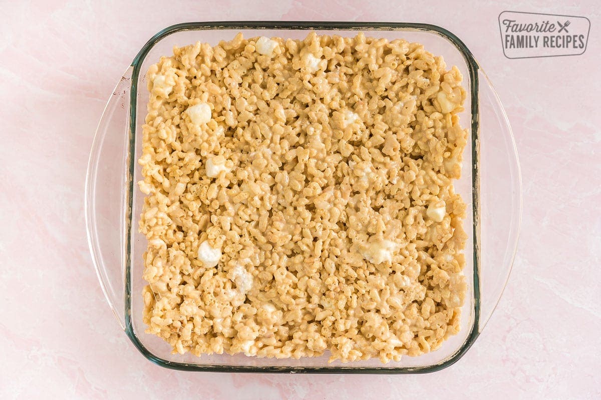 A pan of salted caramel rice krispie treats