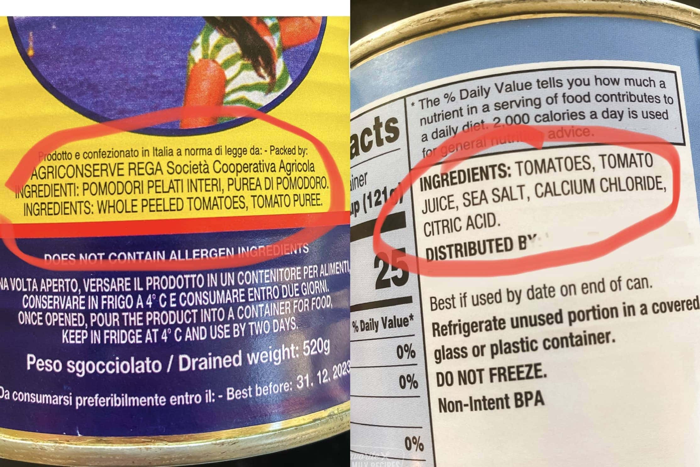 A close up of two tomato can labels showing the ingredients.