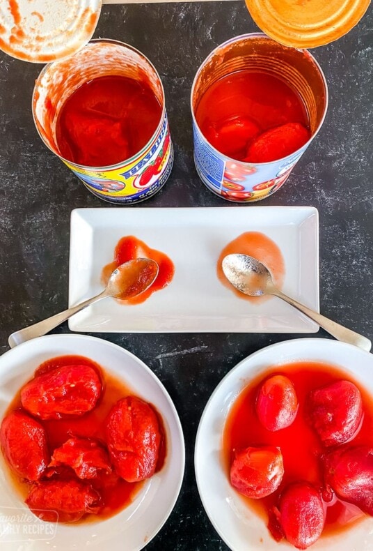 A comparison of two kinds of canned tomatoes, one from Italy and one from the US