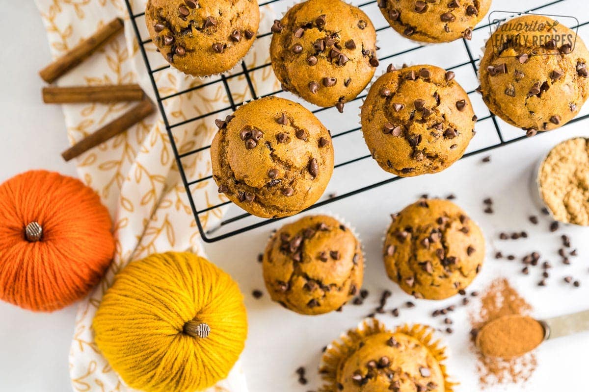 Pumpkin chocolate chip muffins on a cooling rack with some on the counter