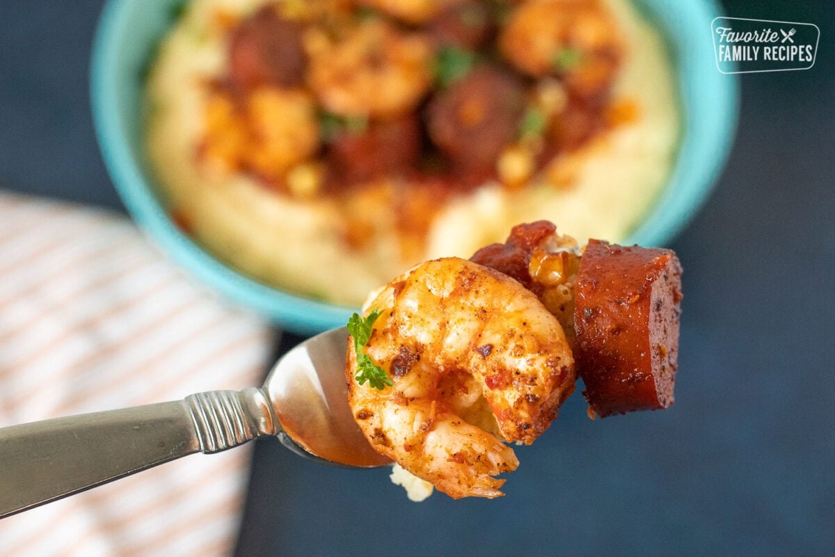 Close up of Shrimp and Grits on a fork