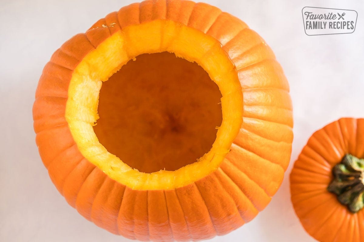 A pumpkin with the pulp and seeds removed