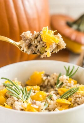 A spoonful of dinner in a pumpkin casserole