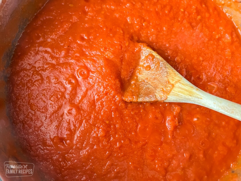 Tomato sauce in a skillet.