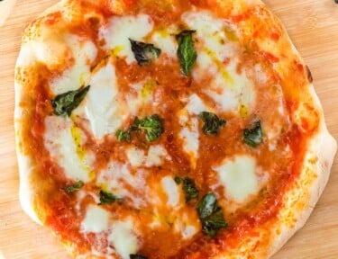 A Neapolitan pizza with tomato sauce, buffalo mozzarella, and fresh basil