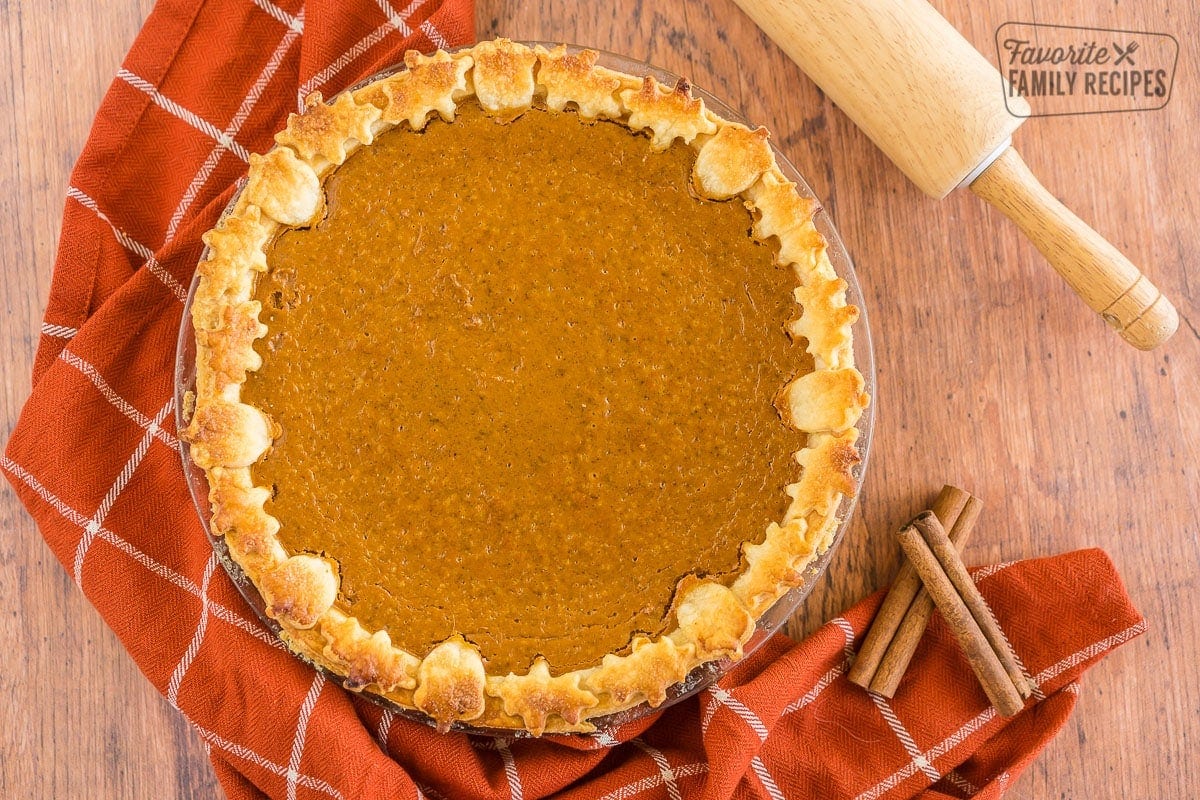 A baked pumpkin pie using our homemade pumpkin pie recipe.