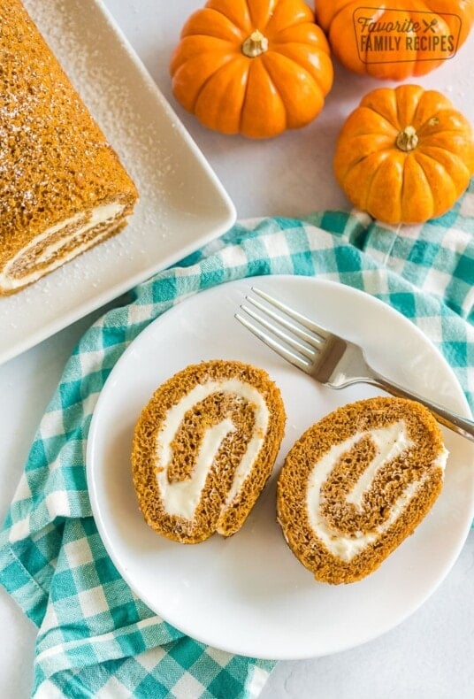 Two slices of pumpkin roll on a plate