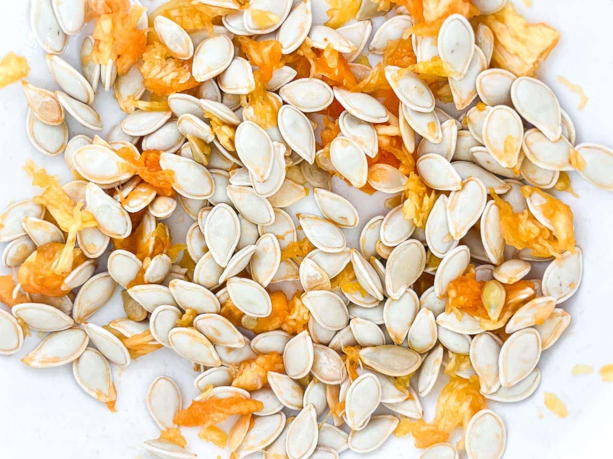 pumpkin seeds in a bowl with some of the orange pumpkin "goop"