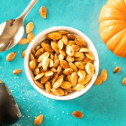 Roasted pumpkin seeds in a bowl