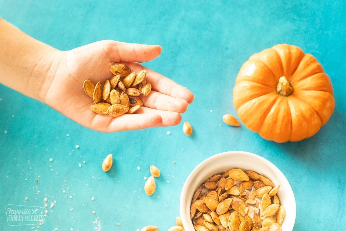 A hand holding roasted pumpkin seeds next to a bowl of pumpkin seeds and a small pumpkin.