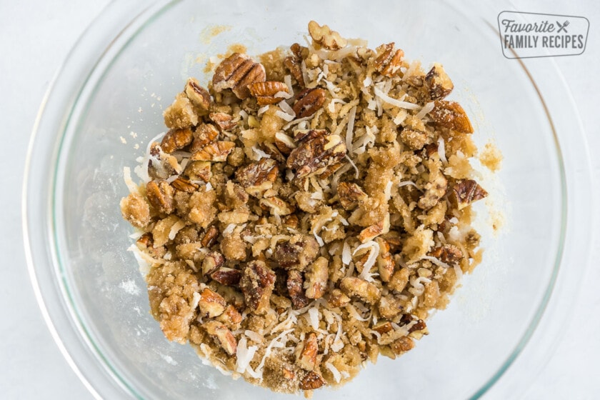 Coconut Pecan topping in a glass bowl.
