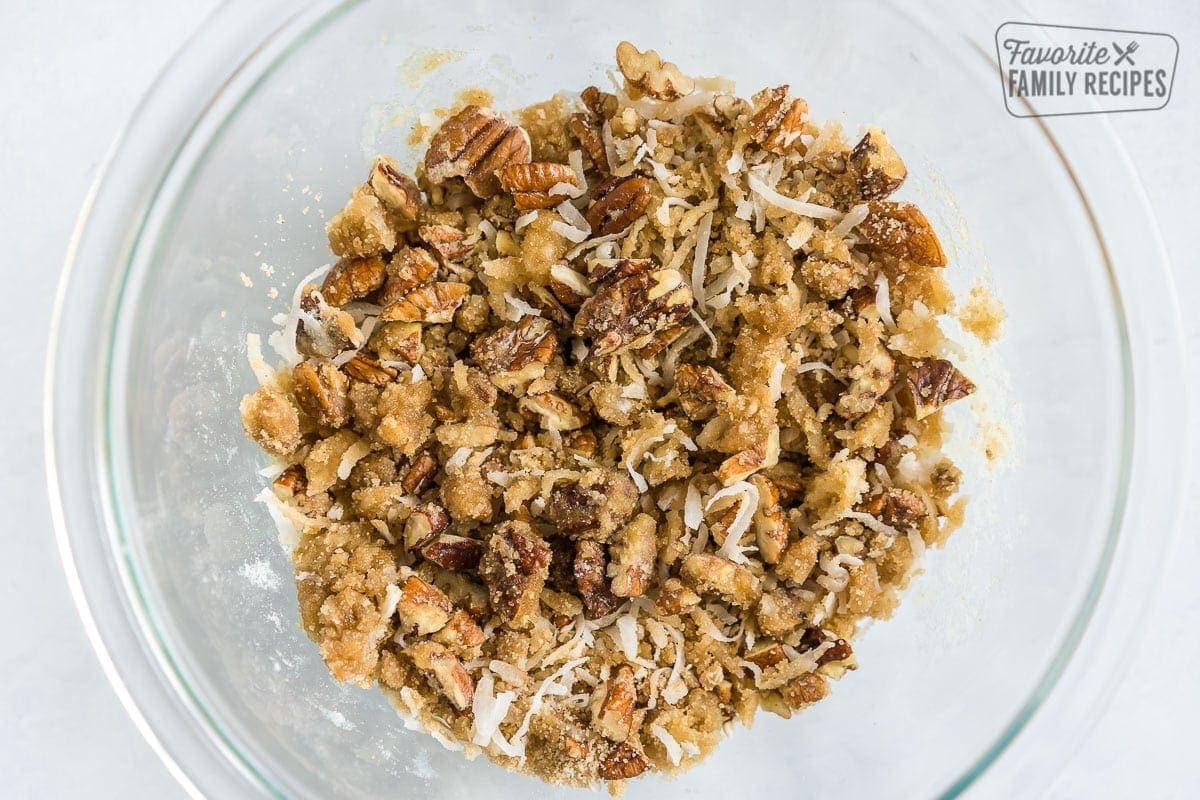 Coconut Pecan topping in a glass bowl