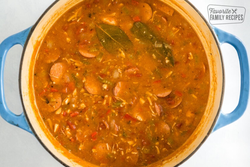 Chicken and Sausage Gumbo in a large blue dutch oven