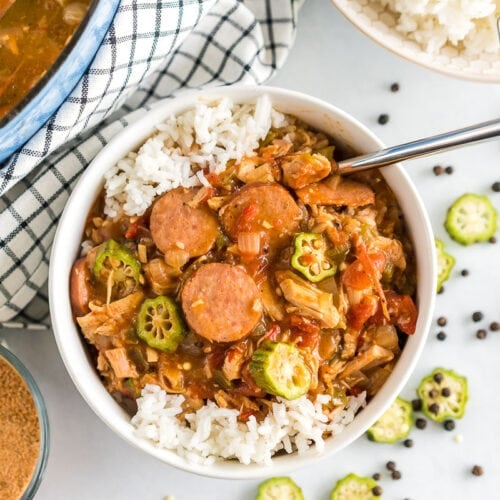 A large bowl of chicken and sausage gumbo