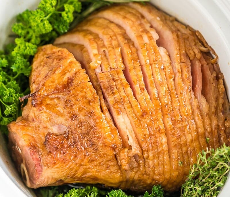 A spiral cut ham in the slow cooker
