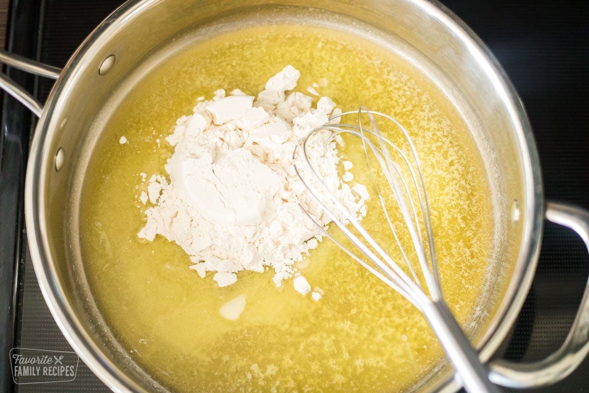 butter in a skillet with flour puree over the top