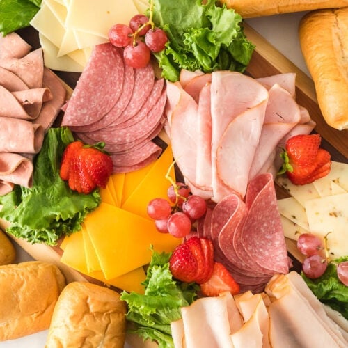 Meat and cheese tray with turkey, ham, salami, and roast beef