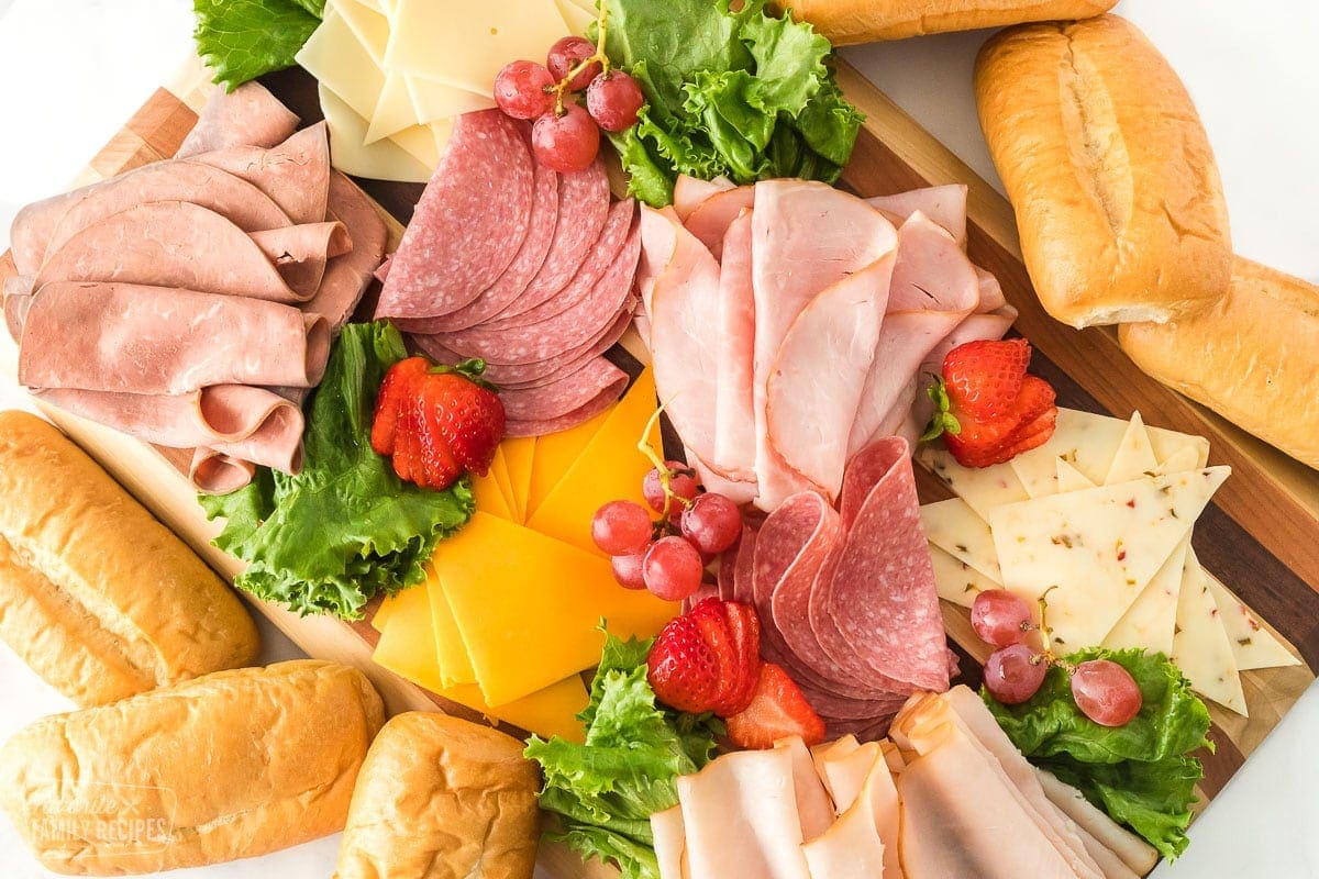 Meat and cheese tray with turkey, ham, salami, and roast beef