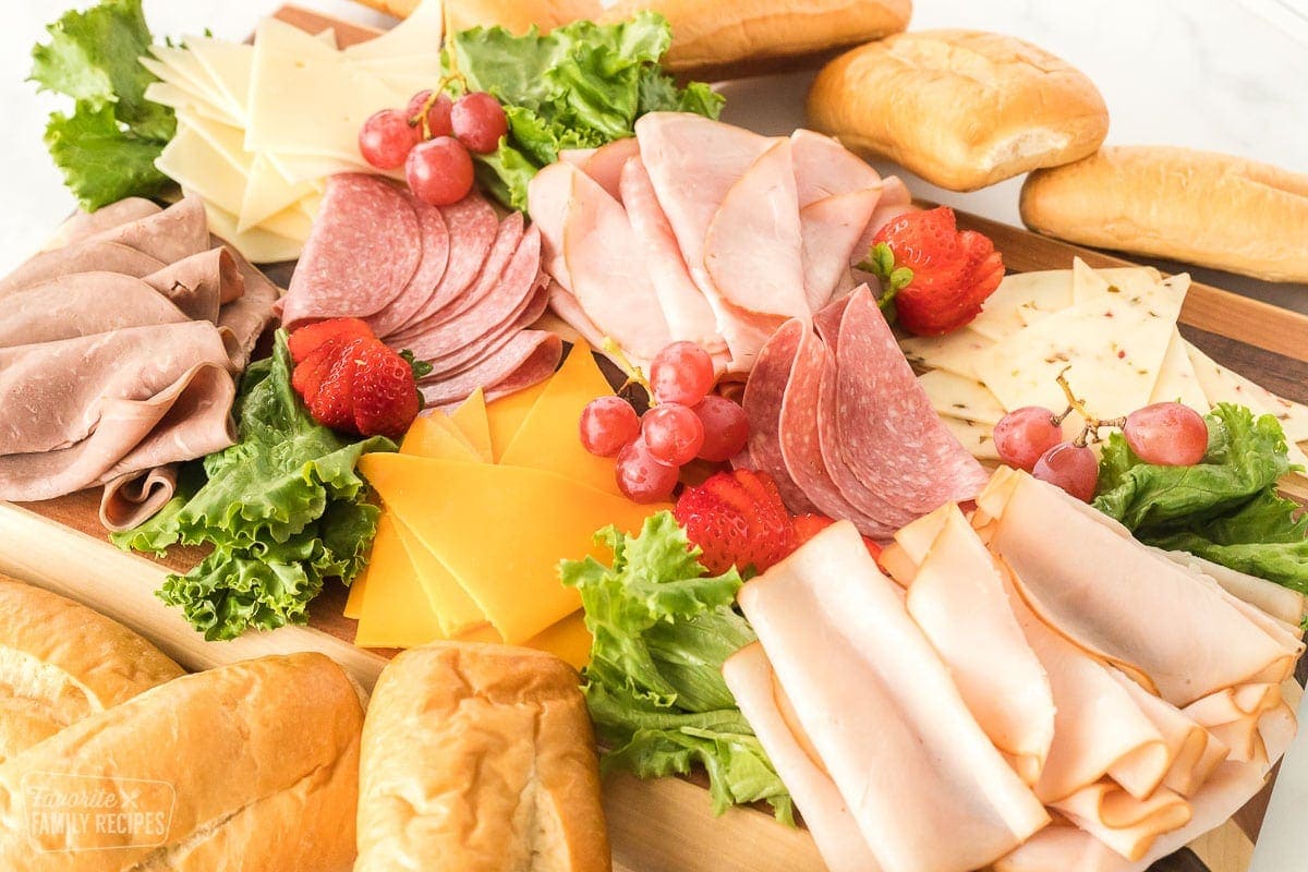 A side view of a meat and cheese tray