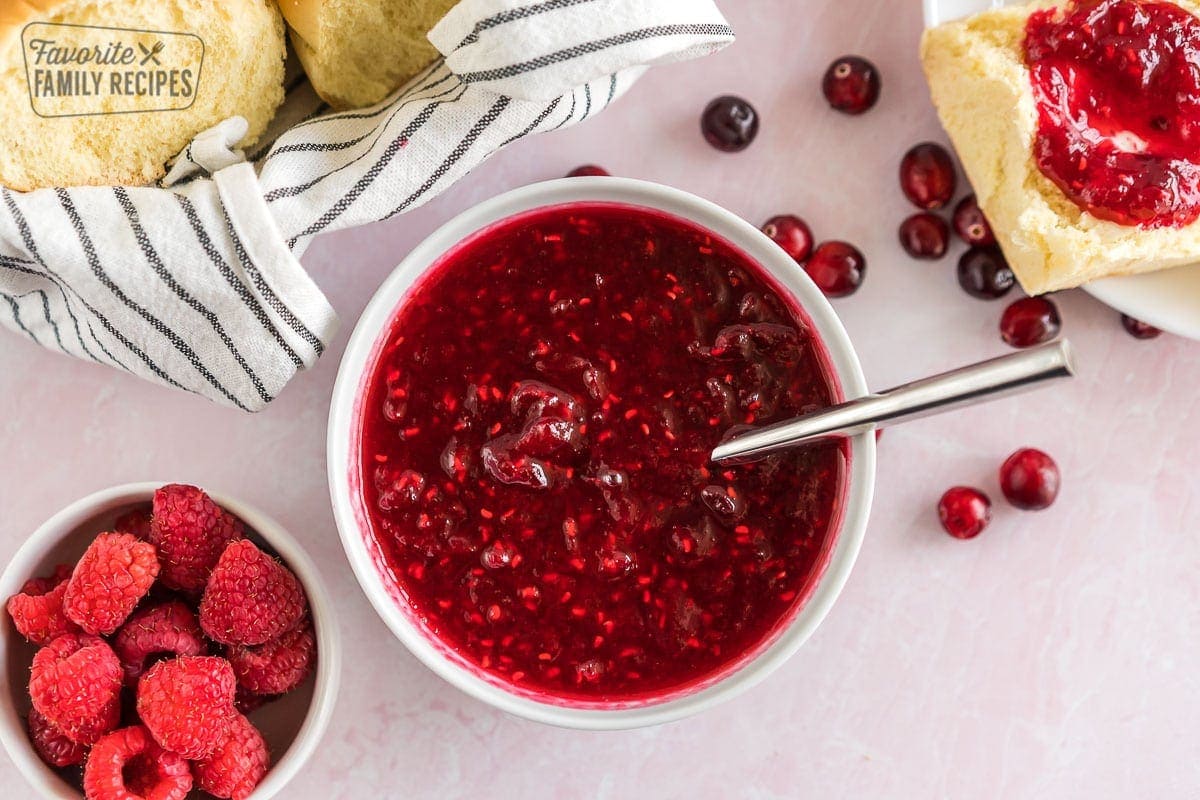 A bowl of raspberry cranberry sauce.