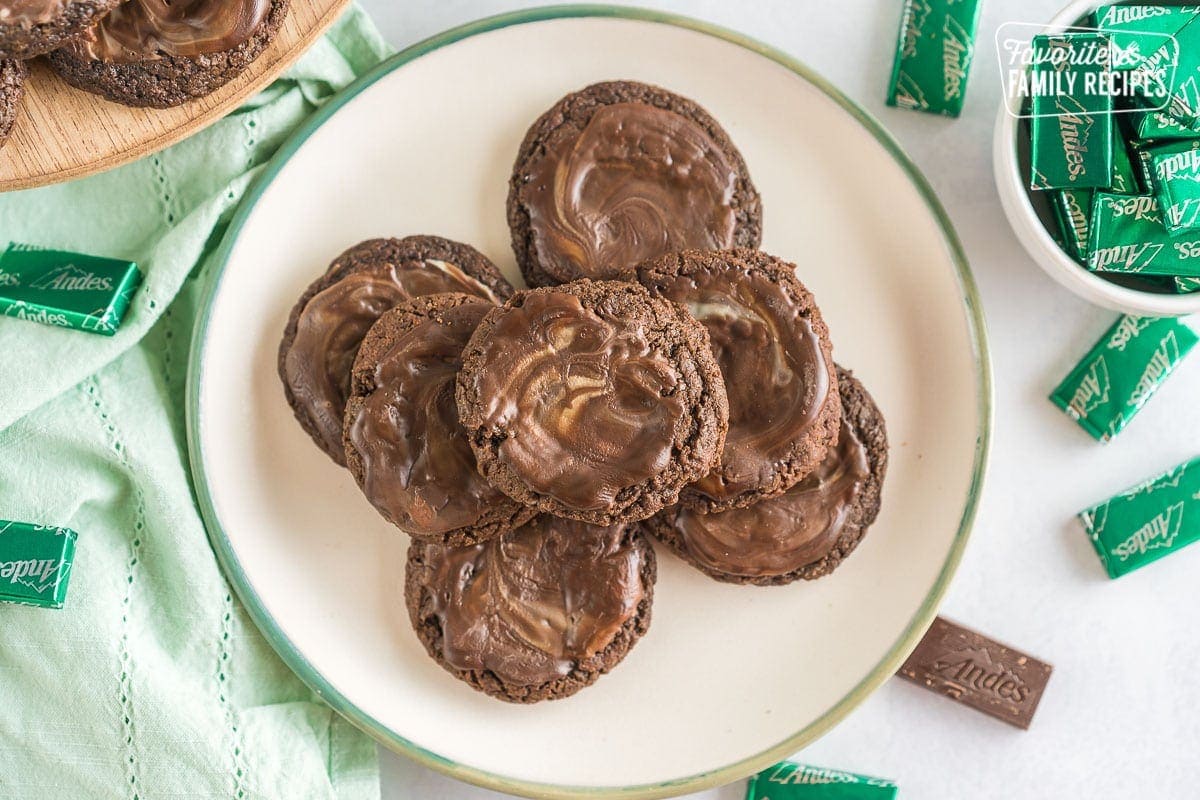 A stack of Andes Mint Cookies on a plate.