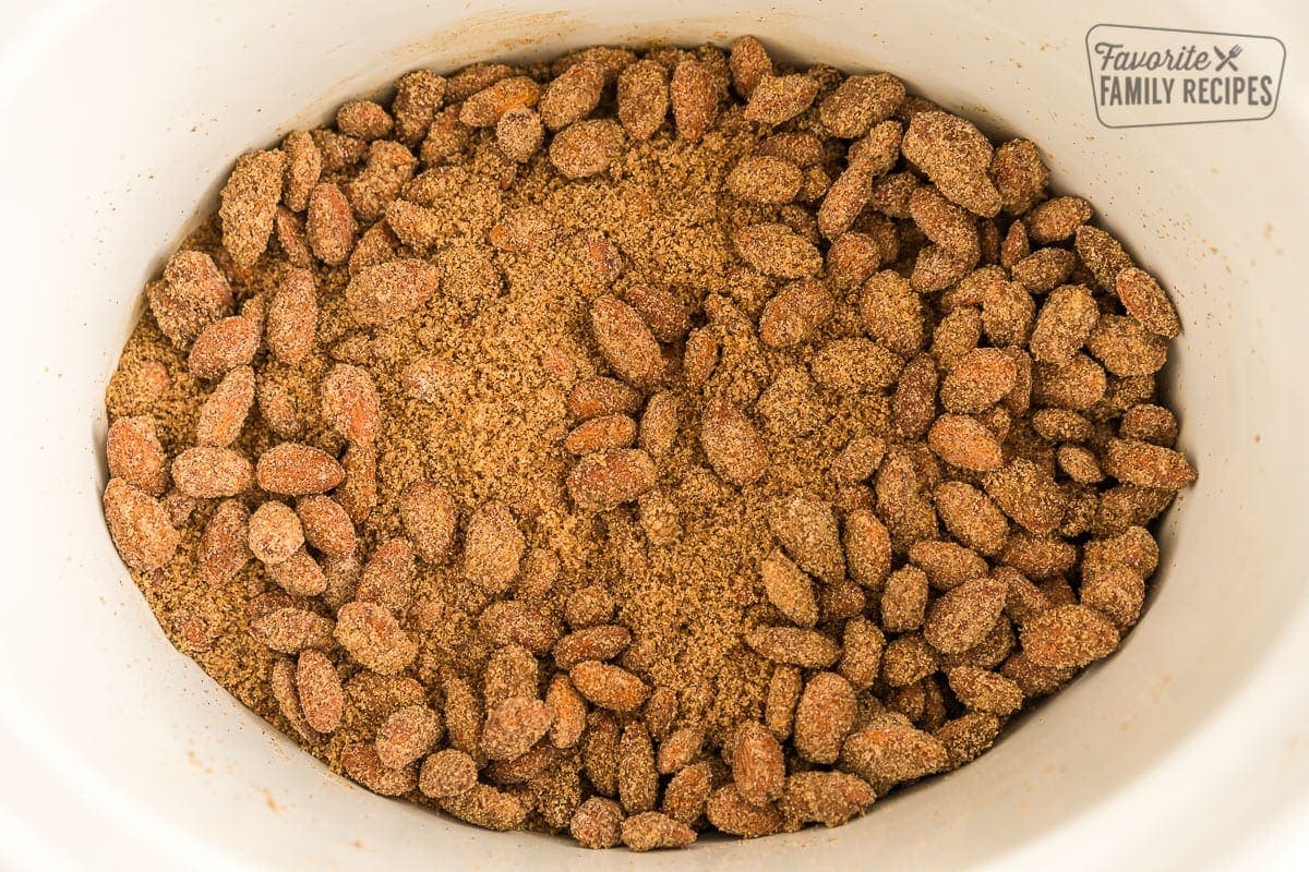 Cinnamon almonds before water is added in a crock pot