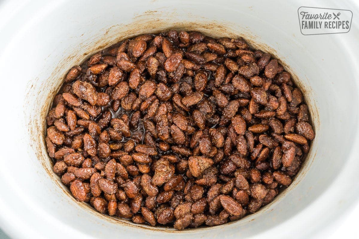 Cinnamon almonds in a crock pot before they are dried out.