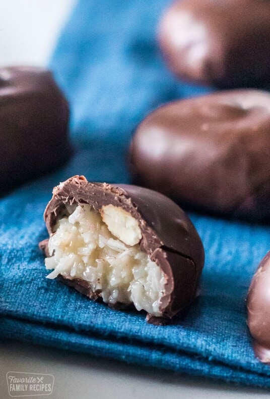 Close up of a homemade almond joy to show the coconut and almond