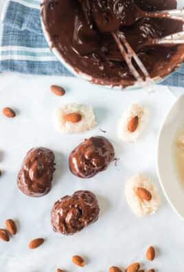 Homemade almond joys dipped in chocolate
