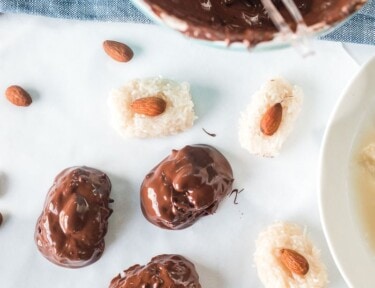 Homemade almond joys dipped in chocolate