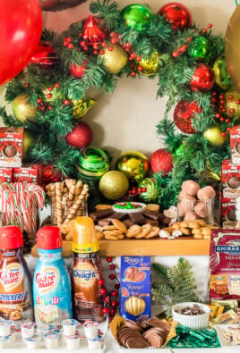 Creamers, treats, whipped cream, and other toppings to make a hot chocolate bar.