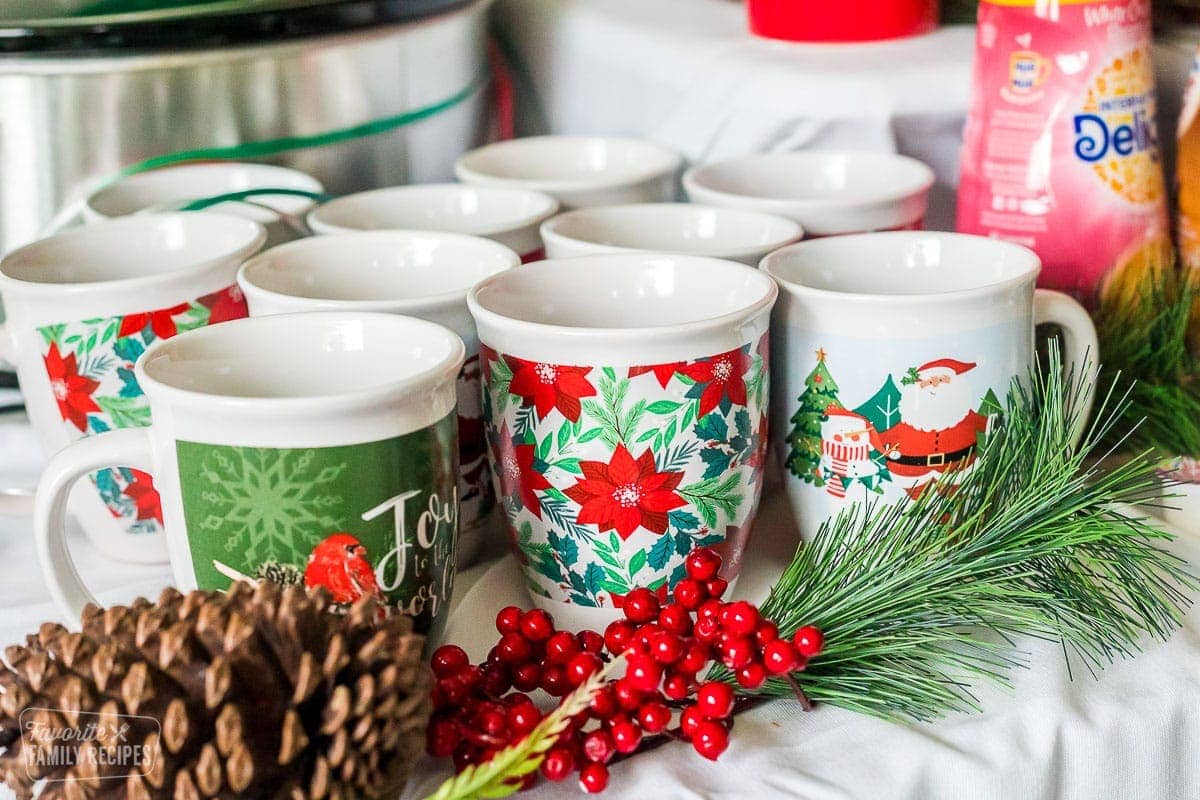 A close up of Christmas mugs
