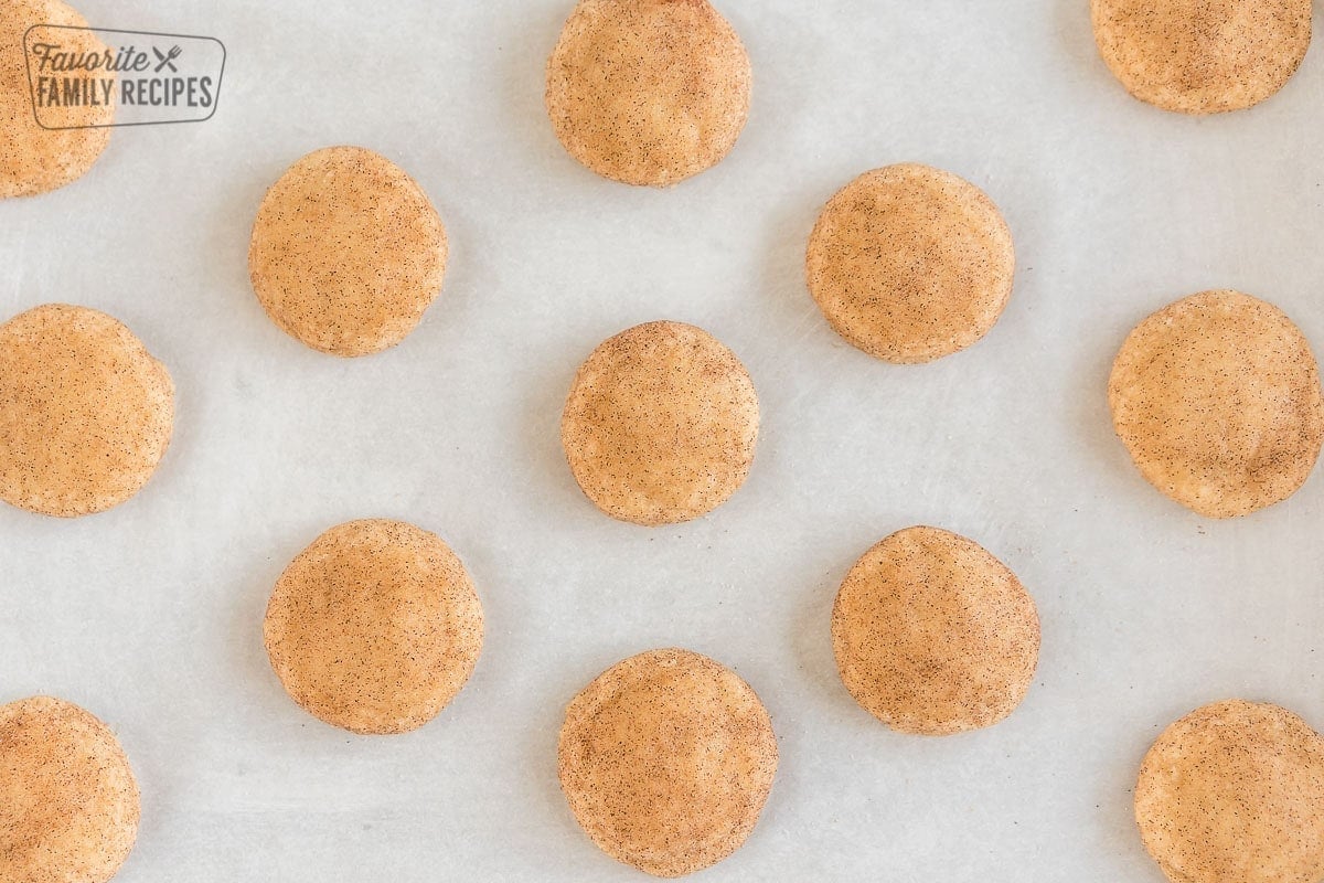 snickerdoodle cookies on a baking sheet