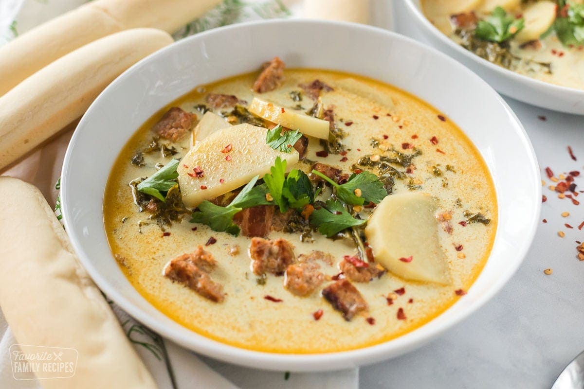 A close up of a bowl of a copycat of Olive Garden Zuppa Toscana.