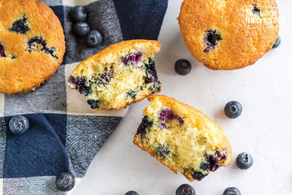 An opened blueberry muffin.