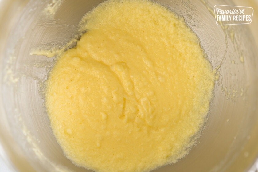 Butter, sugar, and eggs mixed together