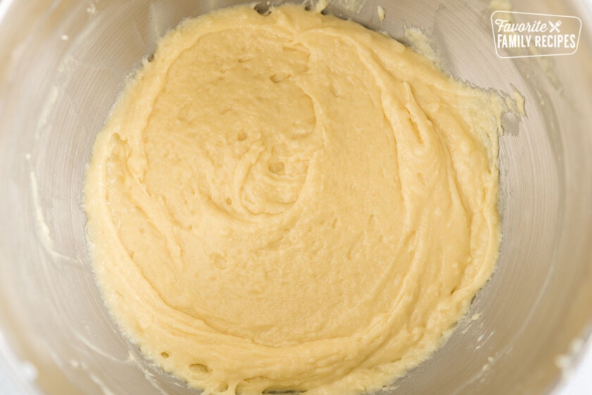Muffin batter in a mixing bowl