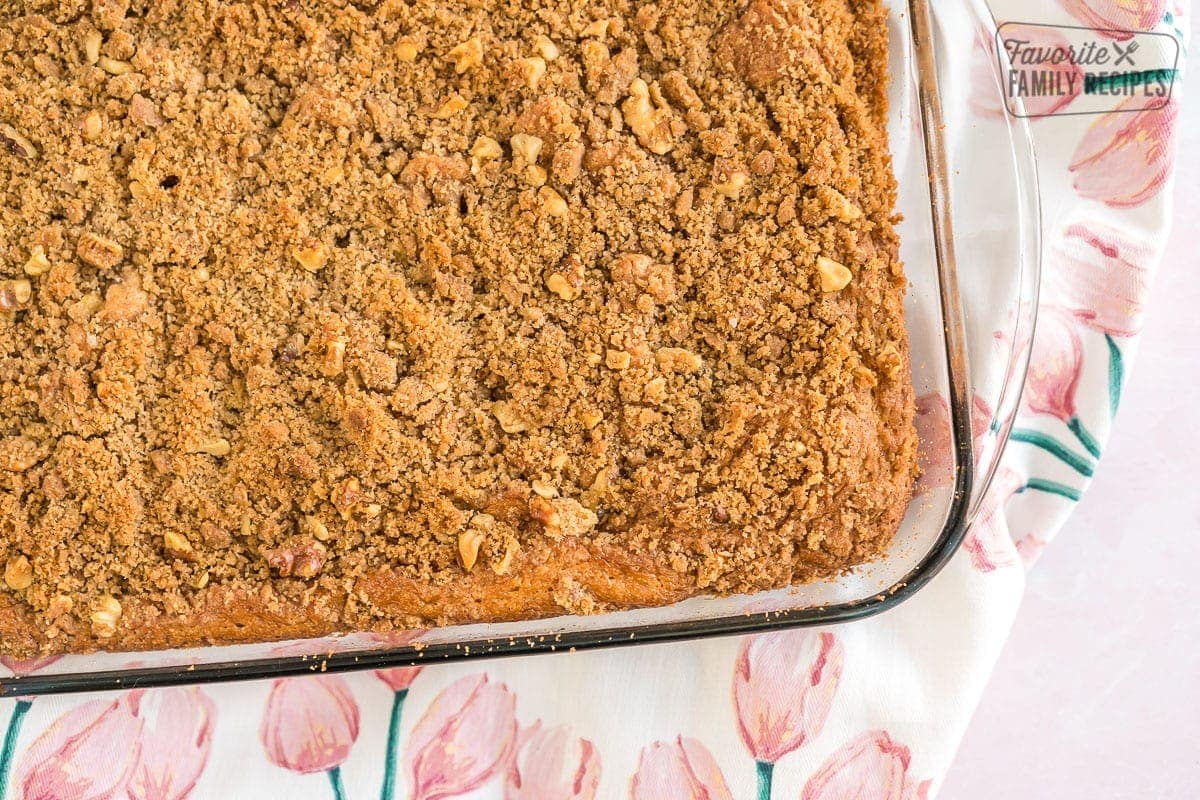 Coffee cake baked in a glass baking dish