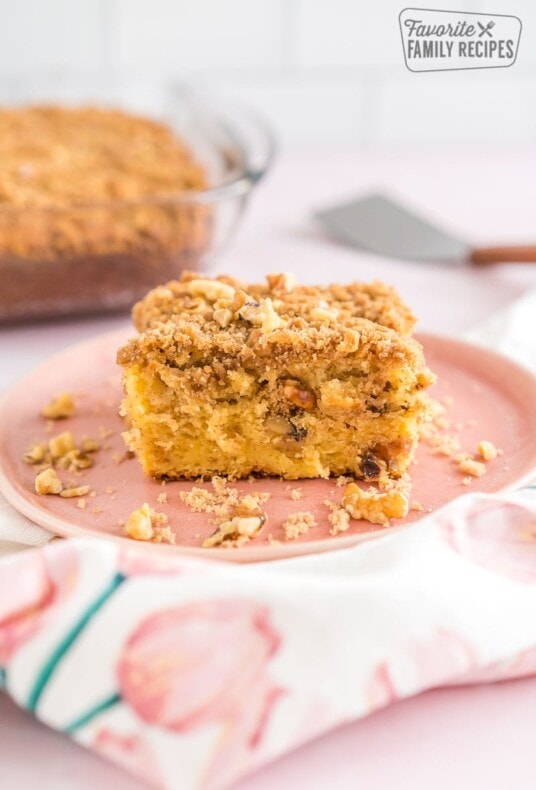 A piece of coffee cake on a pink plate