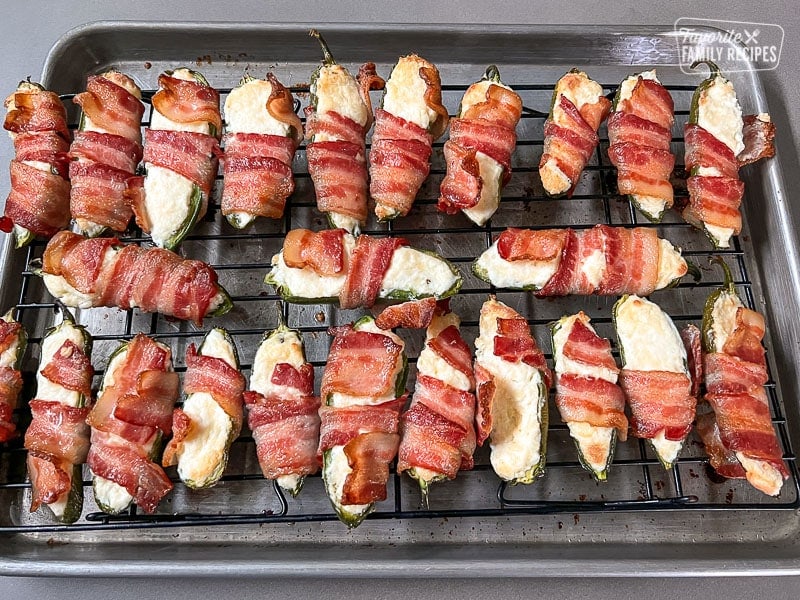 Fully cooked bacon wrapped cheese stuffed Jalapeños
