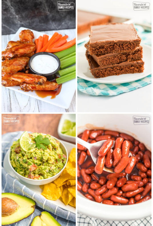 A collage of four photos for super bowl recipes.