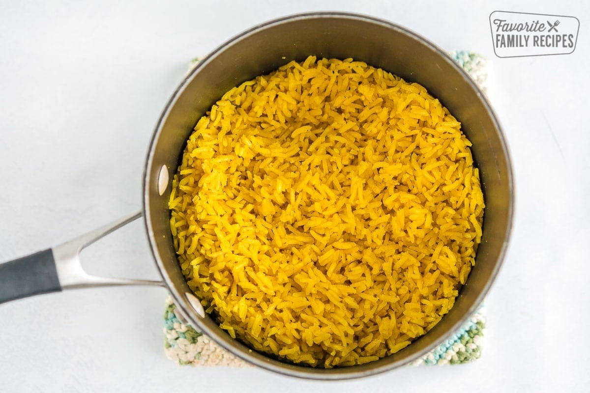 Cooked yellow rice in a pot