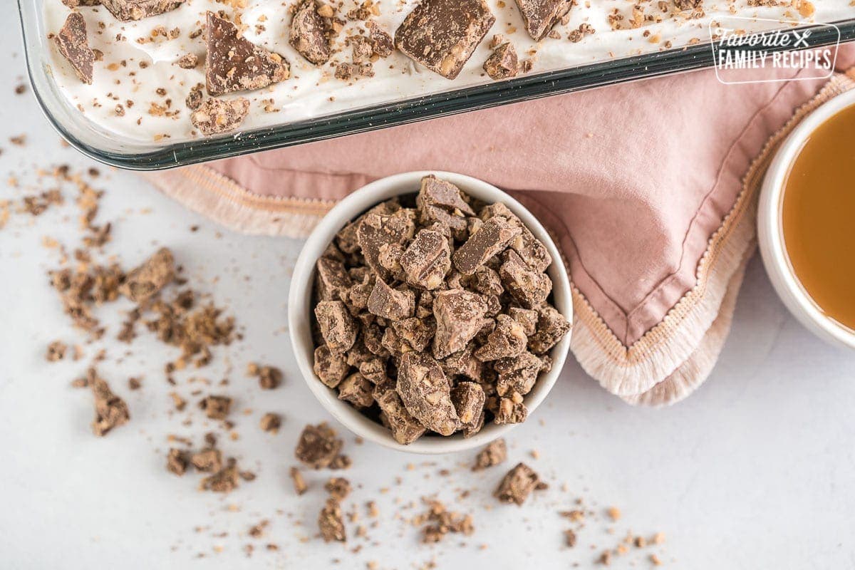 Crushed up heath bars for Better Than Sex Cake.