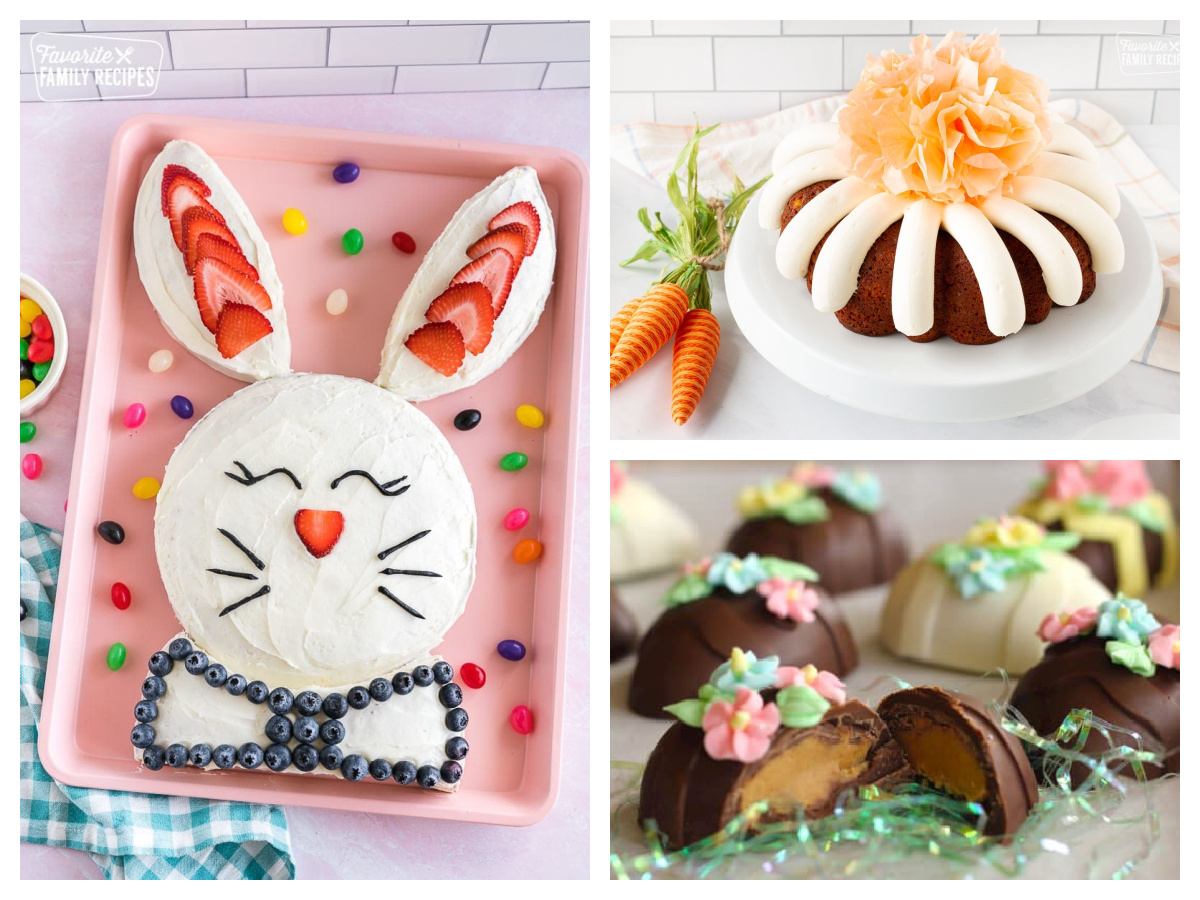 A collage showing an Easter Bunny Cake, A carrot cake Bundt Cake, and Chocolate Peanut Butter Easter Eggs