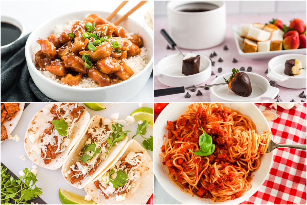 A collage of date night in food ideas, tacos, spaghetti, General Tso's chicken and chocolate fondue.