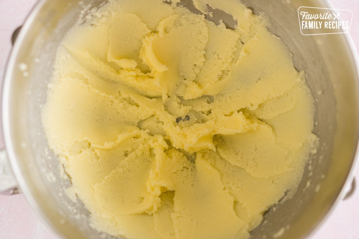 Butter and sugar creamed in a mixing bowl